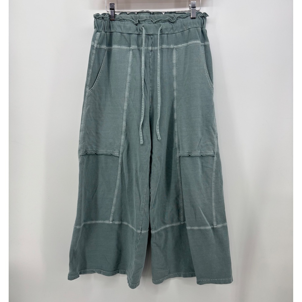 Zenana French Terry Exposed Seam Wide Leg Pant Women's Large Ash Jade